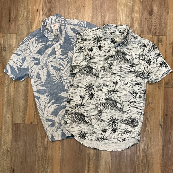 Mens Lot of Two Floral Short Sleeve Shirts Small Cotton/Linen Black/White Blue - Picture 1 of 9